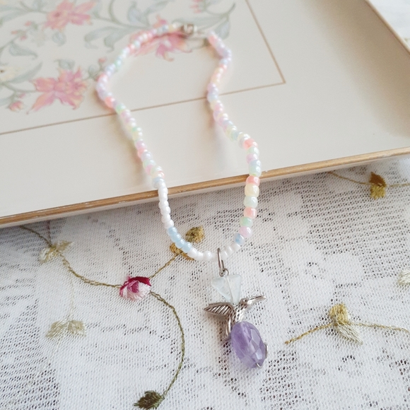 Handmade Beaded Choker Necklace Amethyst Flourite - Picture 6 of 8